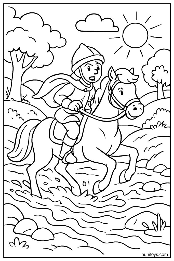 Brave Horse Crossing a River with Rider Coloring Page