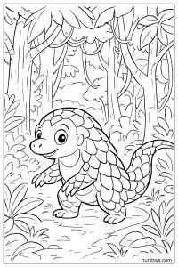 דף צביעה פנגולין חמוד הולך ביער טרופי