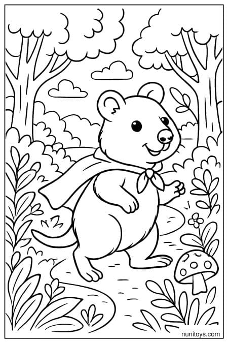 Quokka wearing cape walks through forest path Coloring Page