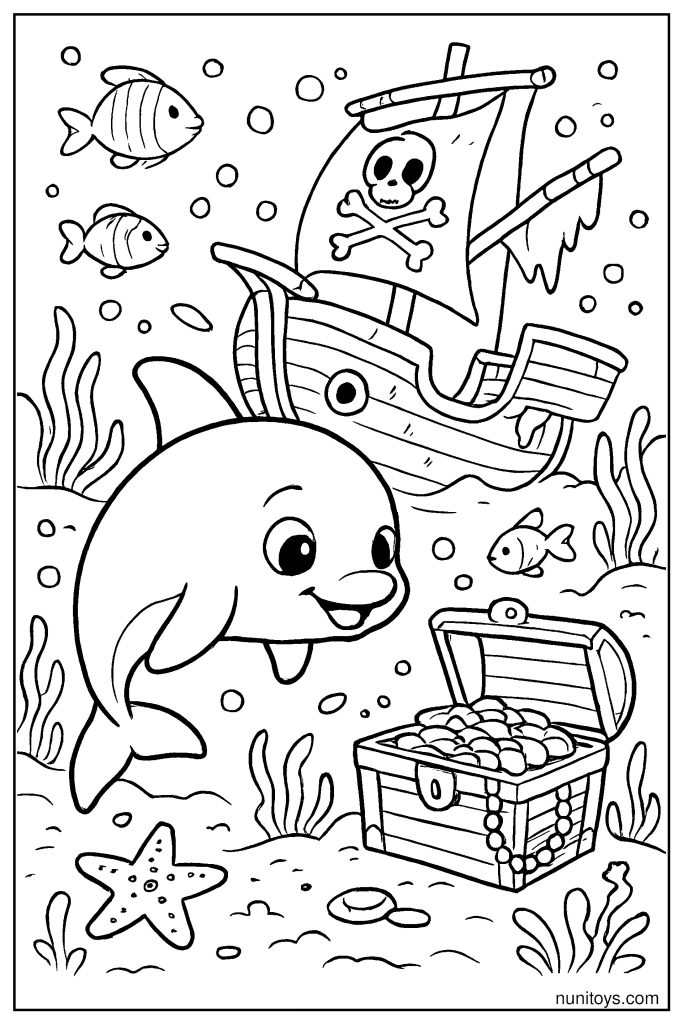 Brave Vaquita Exploring a Sunken Pirate Ship with Treasure