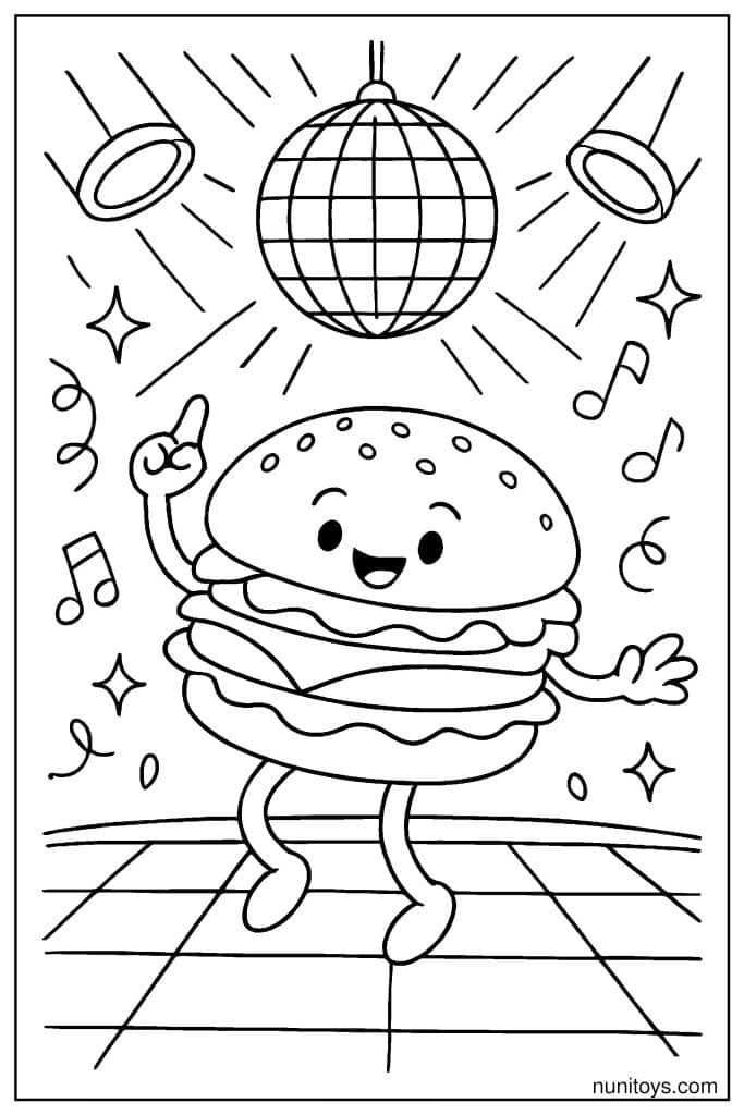 Disco Burger Dancing at the Party Coloring Page