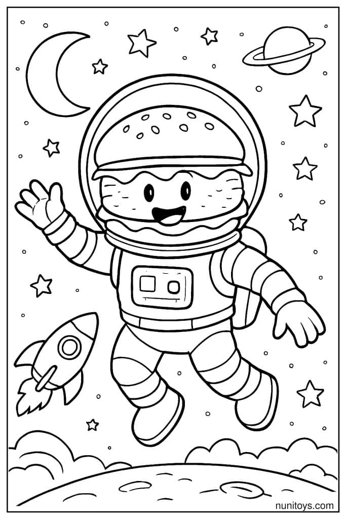 Astronaut Burger Floating in Space Coloring Page