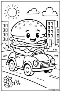 Cheerful Burger Driving Through City Coloring Page
