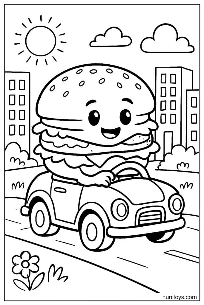 Cheerful Burger Driving Through City Coloring Page