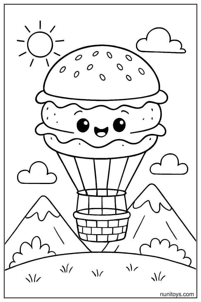 Delightful Burger Balloon Adventure Coloring Page