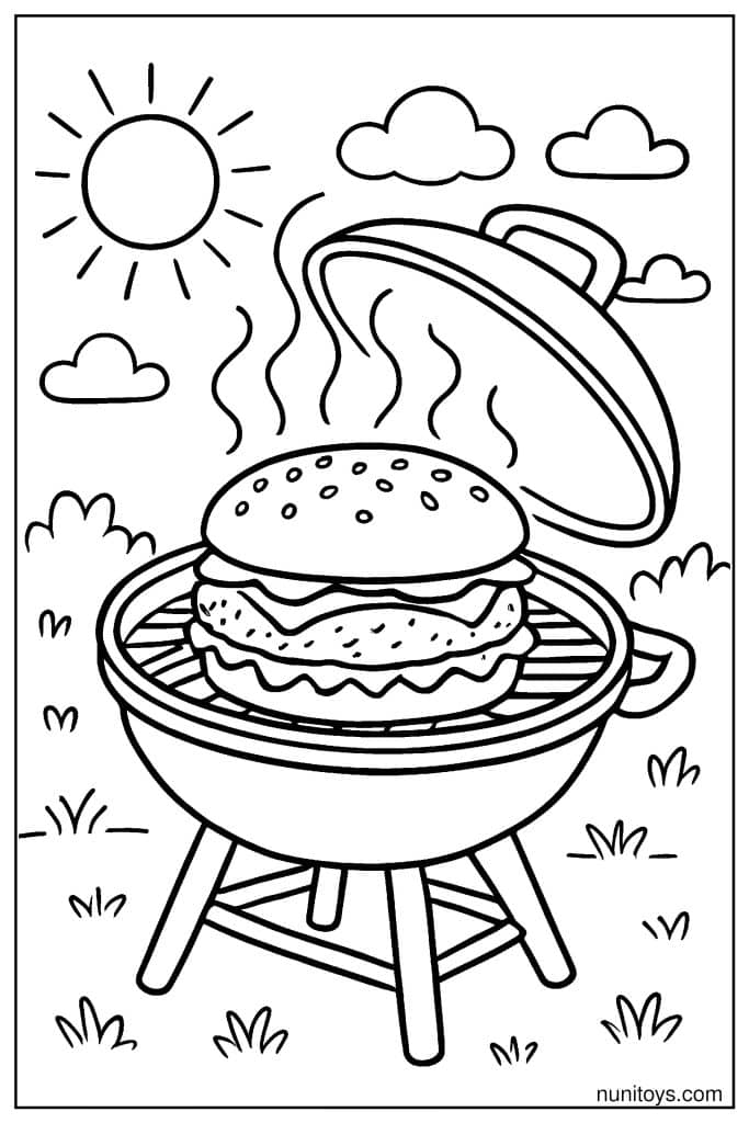 Grilling Burger Coloring Page for Free Printable Fun