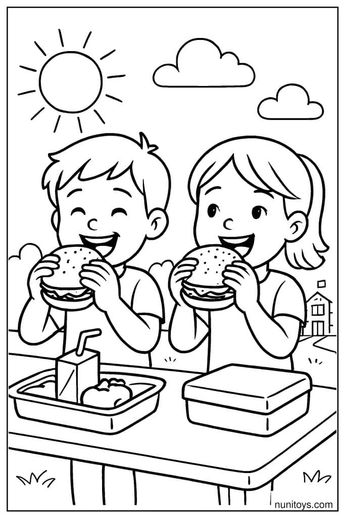 Two Friends Enjoy Burgers at a Sunny Picnic