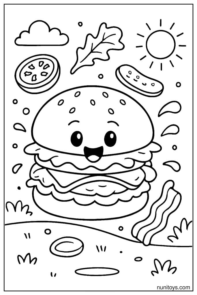 Playful Burger Characters Coloring Page