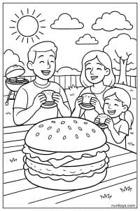 Family Burgers, Sunny Backyard Barbecue Coloring Page