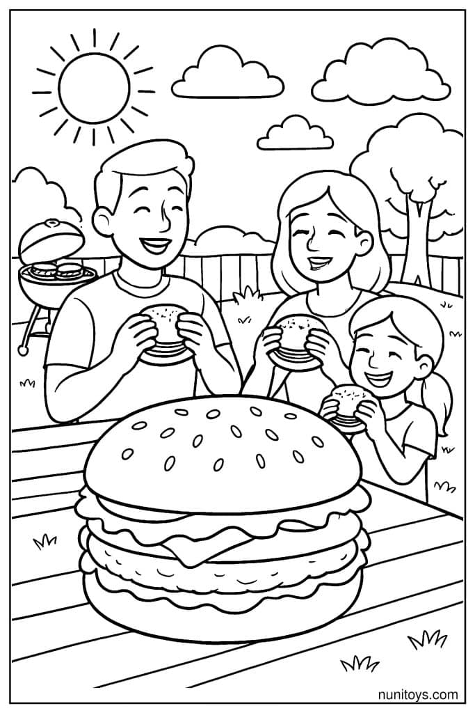 Family Burgers, Sunny Backyard Barbecue Coloring Page