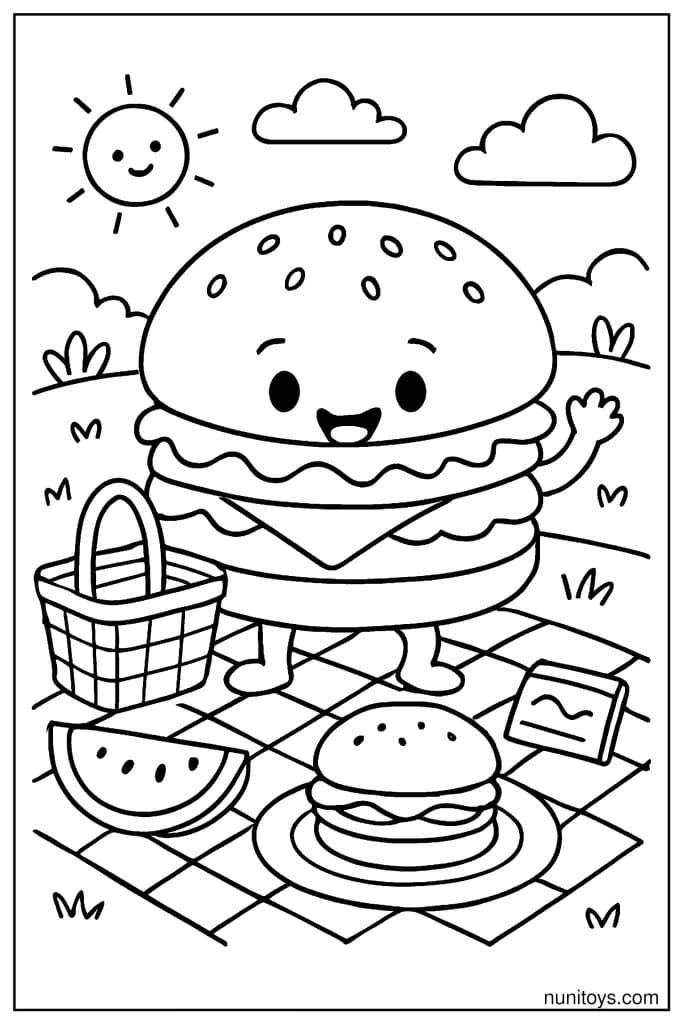 Burger Picnic Coloring Page with Outdoor Scene