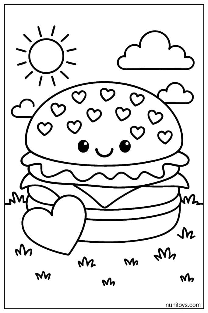 Burger Heart Toppings Coloring Page: Playful Burger Character