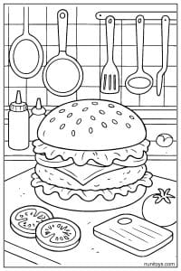 Burger in the Kitchen Coloring Page