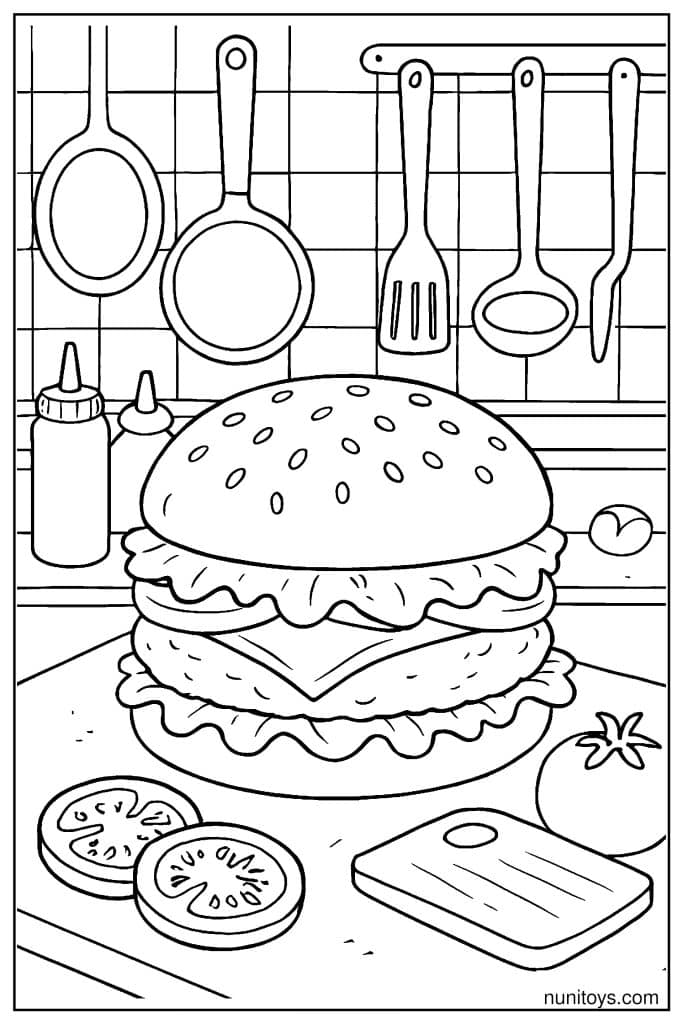 Burger in the Kitchen Coloring Page