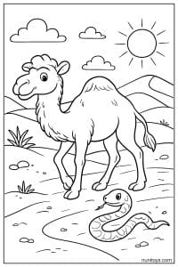 Free Camel Coloring Sheet with Snake on Desert Ground