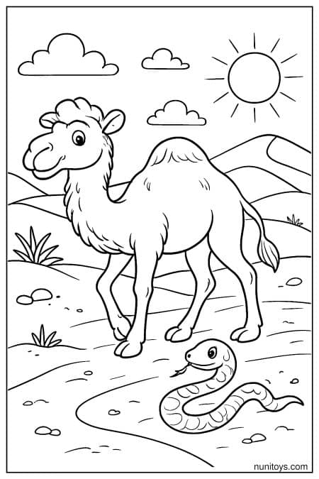 Free Camel Coloring Sheet with Snake on Desert Ground