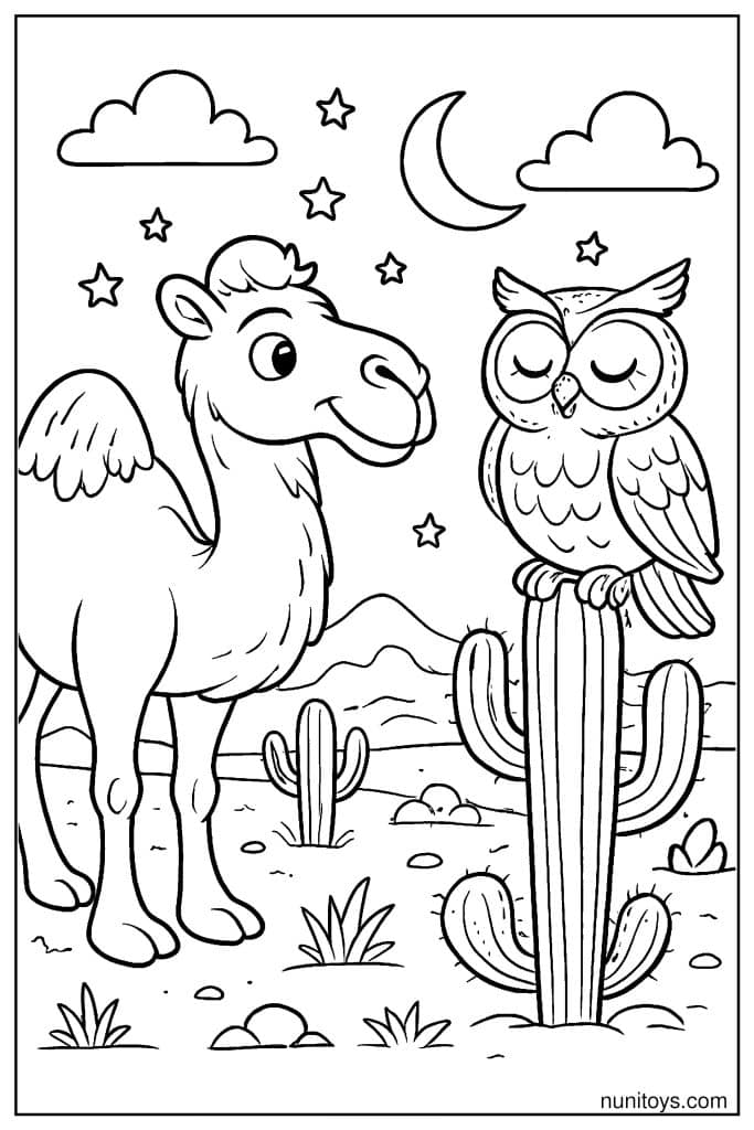 Printable Camel with Owl Under Moon and Stars