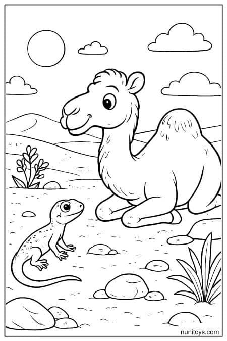Printable Camel Sitting with Lizard on Desert Floor