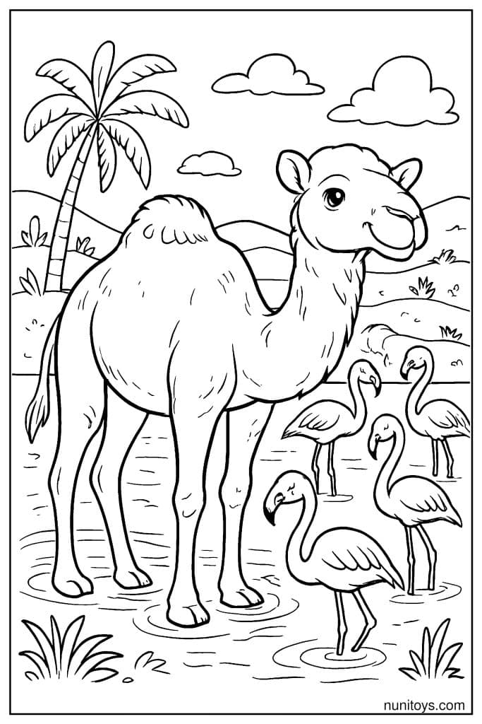 Camel Coloring Page Standing in Water with Flamingos