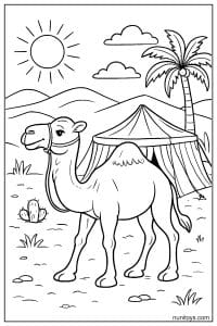 Camel Coloring Page Near Tent and Palm Tree