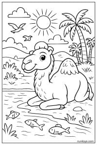 Free Camel Coloring Sheet Resting Near Palm Tree and Birds
