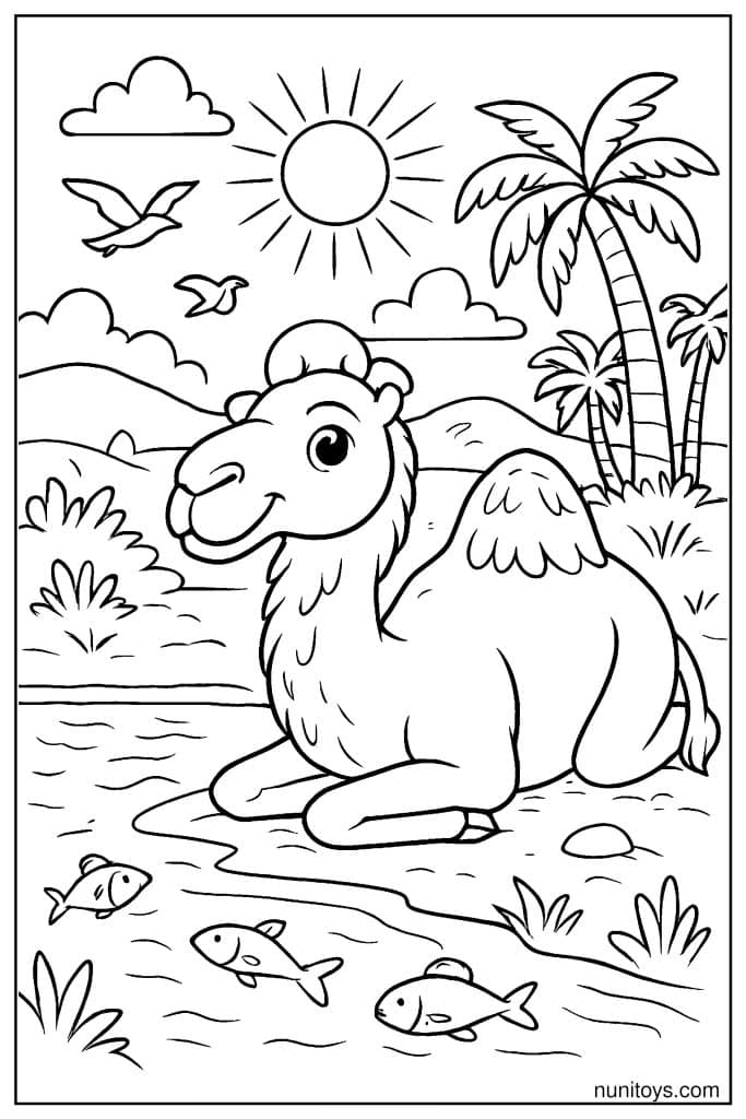 Free Camel Coloring Sheet Resting Near Palm Tree and Birds