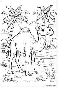 Free Camel Coloring Sheet with Palm Trees and Water Oasis