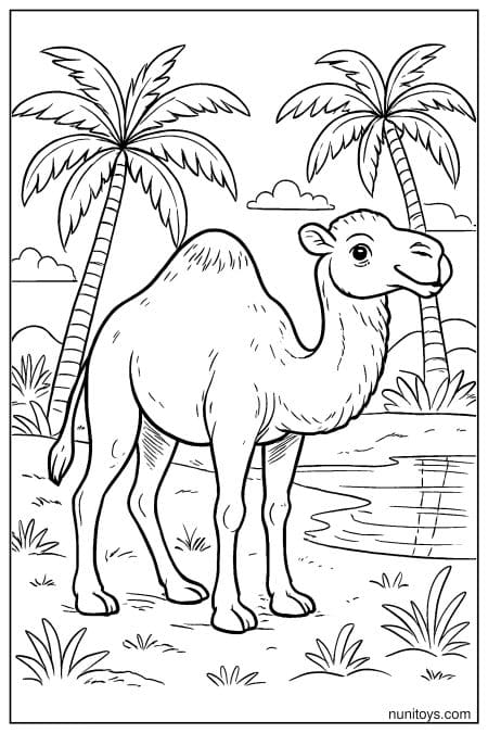 Free Camel Coloring Sheet with Palm Trees and Water Oasis
