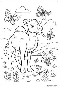 Free Camel Coloring Sheet Surrounded by Butterflies and Flowers