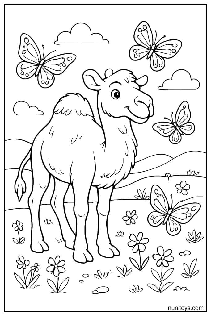 Free Camel Coloring Sheet Surrounded by Butterflies and Flowers