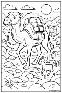 Camel Coloring Page with Pack and Small Goats Nearby