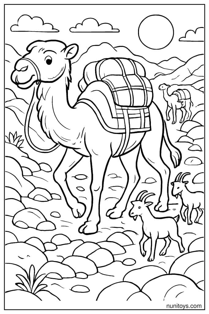 Camel Coloring Page with Pack and Small Goats Nearby