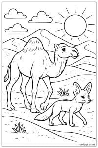 Camel Coloring Page Walking with Desert Fox Companion