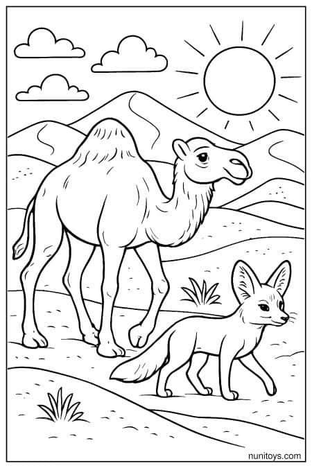 Camel Coloring Page Walking with Desert Fox Companion
