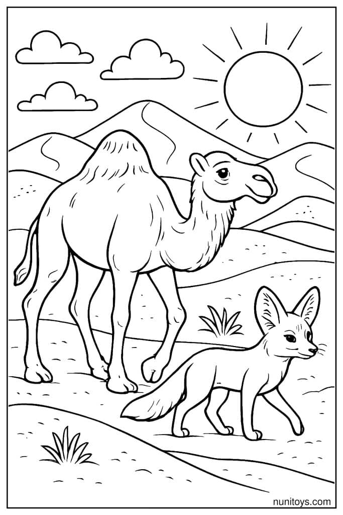 Camel Coloring Page Walking with Desert Fox Companion