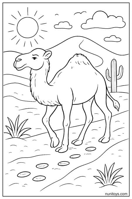 Free Camel Coloring Sheet Walking Under Sun and Hills