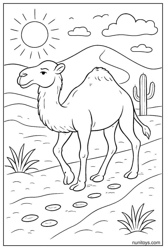Free Camel Coloring Sheet Walking Under Sun and Hills