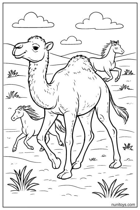 Printable Camel Walking with Horses Across Open Land