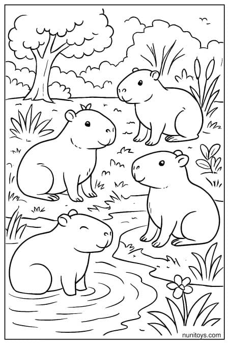 Group of capybaras gather together near water and grass Coloring Page
