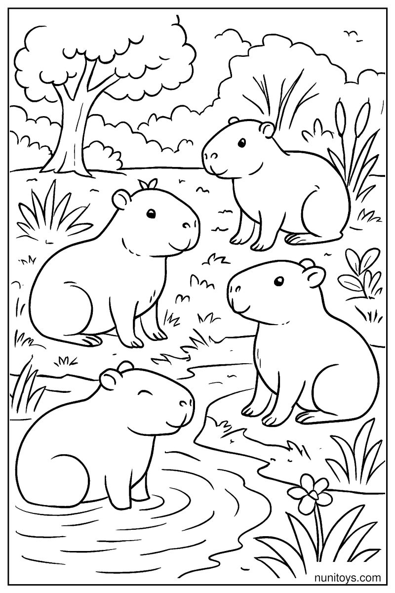 Capybara Group Interacting Near Water Coloring Page
