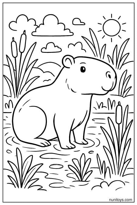 Capybara sits in shallow water among tall plants Coloring Page