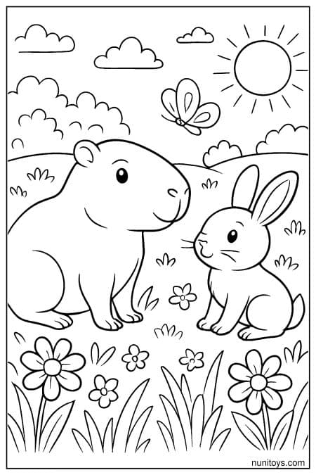 Capybara meets rabbit in flower-filled grassy area Coloring Page