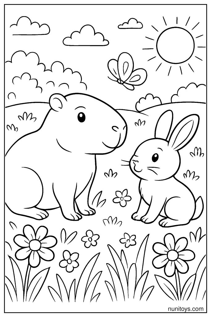 Capybara and Rabbit in a Grassy Meadow Coloring Page