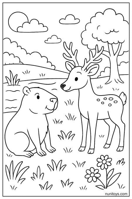 Capybara sits near deer in grassy field by water Coloring Page