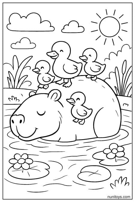 Capybara rests in water with ducks sitting on back Coloring Page