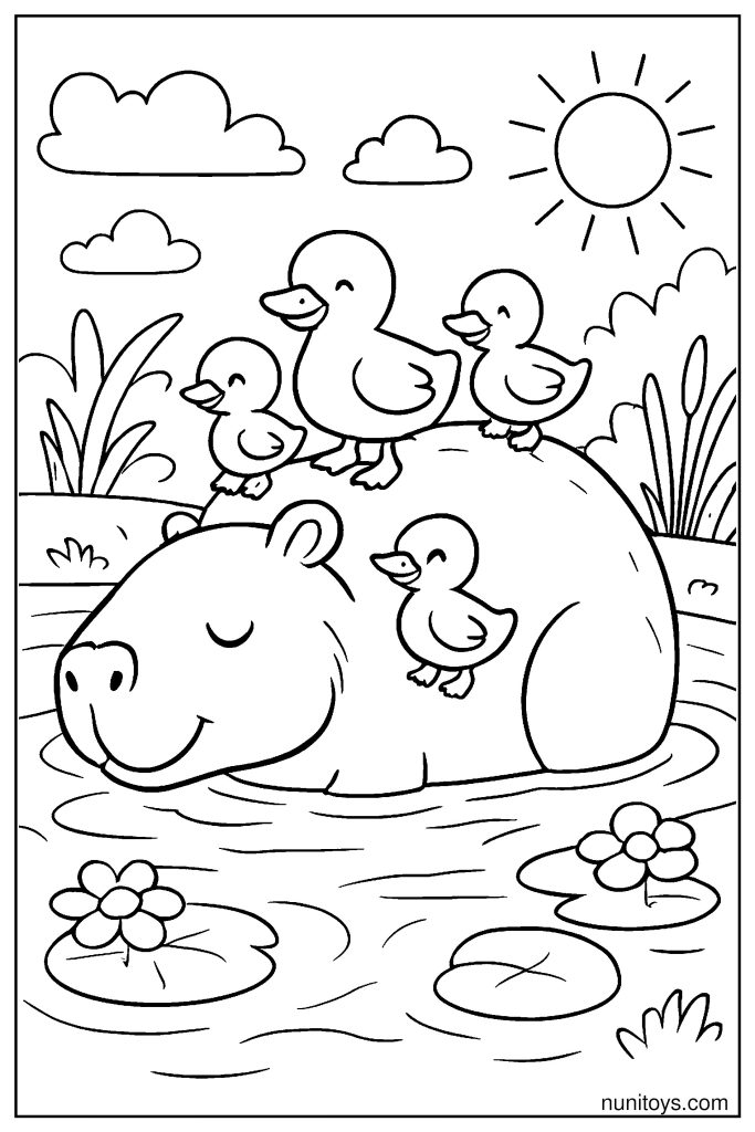Capybara Relaxing in Water with Ducks Coloring Page