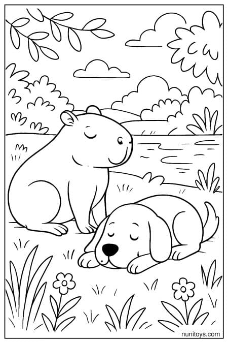 Capybara rests beside sleeping dog near calm river Coloring Page