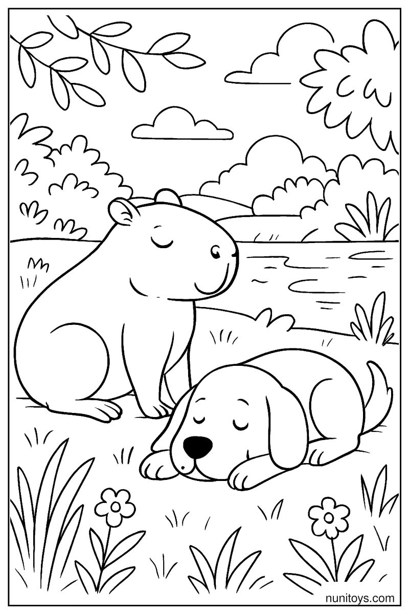 Capybara Resting by the Grassy Riverbank Coloring Page