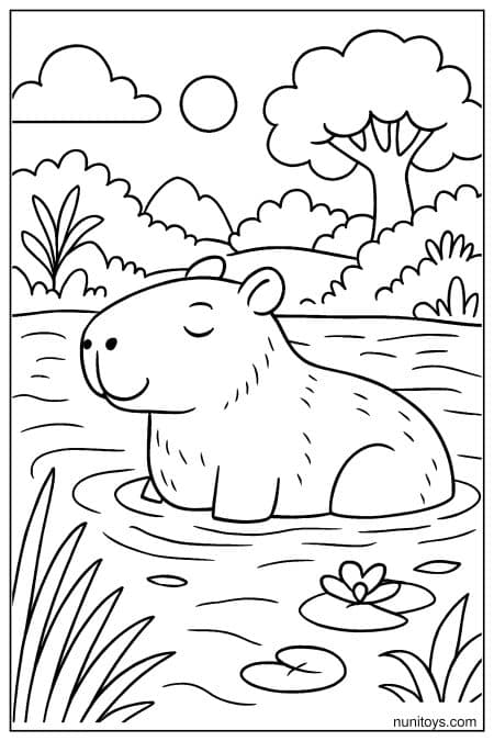 Capybara sits calmly in water surrounded by plants Coloring Page