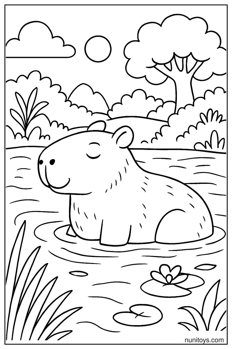 Capybara Resting Partially Submerged Coloring Page